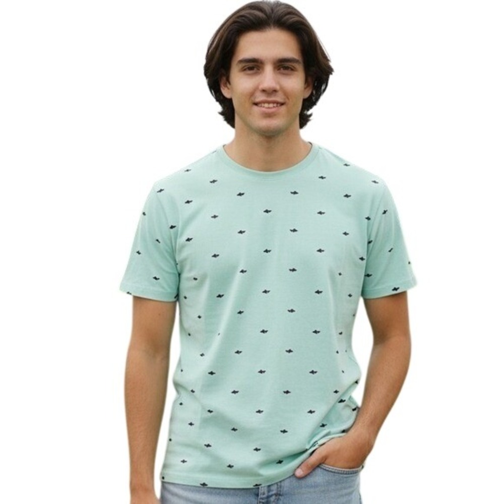 Pimpy Pimp Mint Green T-Shirt with All-Over Shark Print Pattern Large